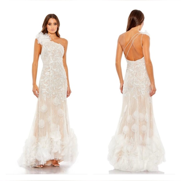 Mac Duggal 11300 NWOT Beaded Strappy One Shoulder Petal Mermaid Gown - Picture 1 of 10